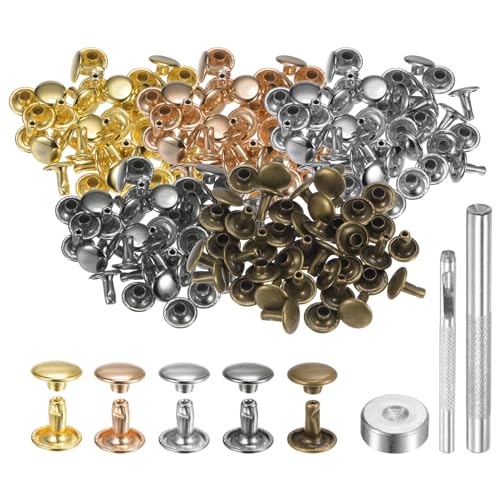 QUARKZMAN 100 Sets Leder Nieten 9mm x 8mm Metall Doppelkappe Nieten Druckknöpfe Befestigungselemente mit 3 Stück Werkzeugen für Lederhandwerk DIY Reparatur Dekoration, Mehrfarbig von QUARKZMAN