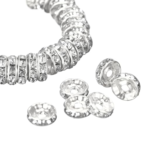 QUARKZMAN 100 Stück 12mm Rondelle Spacer Perlen, versilberte Strass Spacer Perlen, runde Spacer Lose Perlen für DIY Armband Halskette Schmuckherstellung, Silber Weiß von QUARKZMAN