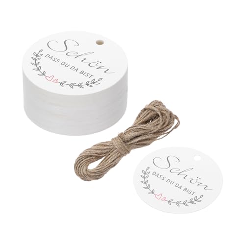 QUARKZMAN 100 Stück Geschenkanhänger Weiß Etiketten Geschenk Anhänger Tags, Rund 5cm Kärtchen mit 20 Meter Jute Schnur für Geschenkverpackung Weihnachten von QUARKZMAN