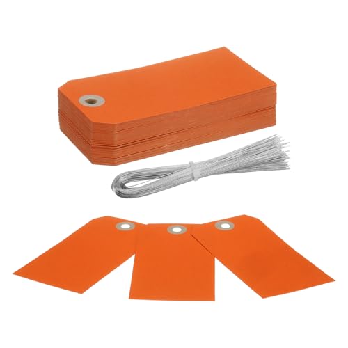 QUARKZMAN 100 Stück Hängeetiketten, Versandetiketten mit Drahtschnur, Papieretiketten zum Beschriften, geeignet für Gepäck, Kleidung, Weinflaschen (12,1 cm x 6 cm, Orange) von QUARKZMAN