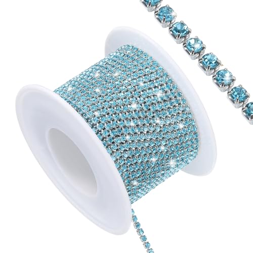 QUARKZMAN 11 Yard Crystal Rhinestone Close Chain Trim, Crystal Rhinestone Diamond Strips for Jewelry Making, Rhinestone Bling Sewing Embellishments, Lake Blue Rhinestone with Silver Base von QUARKZMAN