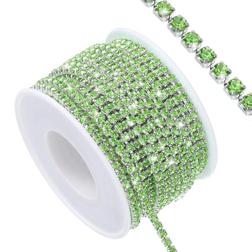 QUARKZMAN 11 Yard Crystal Rhinestone Close Chain Trim, Crystal Rhinestone Diamond Strips für DIY, Rhinestone Bling Sewing Embellishments, Hellgrüner Rhinestone mit Silberbasis von QUARKZMAN