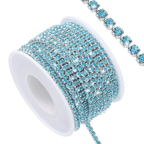 QUARKZMAN 11 Yard Crystal Rhinestone Close Chain Trim, Crystal Rhinestone Diamond Strips für DIY, Rhinestone Bling Sewing Embellishments, Lake Blue Rhinestone mit Silber Basis von QUARKZMAN