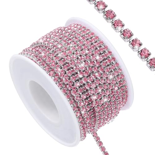 QUARKZMAN 11 Yard Crystal Rhinestone Close Chain Trim, Crystal Rhinestone Diamond Strips für DIY, Rhinestone Bling Sewing Embellishments, Rose Red Rhinestone mit Silber Basis von QUARKZMAN