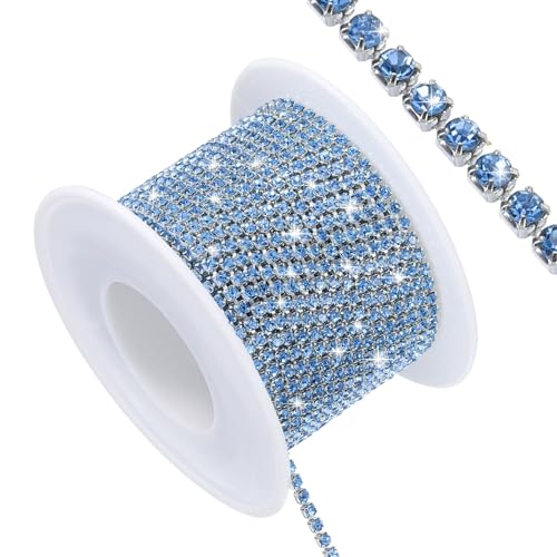 QUARKZMAN 11 Yard Crystal Rhinestone Close Chain Trim, Crystal Rhinestone Diamond Strips für Juwelenherstellung, Rhinestone Bling Nähverzierungen, HellBlaue Rhinestone mit Silberbasis von QUARKZMAN