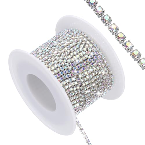 QUARKZMAN 11 Yard Crystal Rhinestone Close Chain Trim, Crystal Rhinestone Diamond Strips für Schmuckherstellung, Rhinestone Bling Nähaufnäher, AB Rhinestone mit Silberbasis von QUARKZMAN