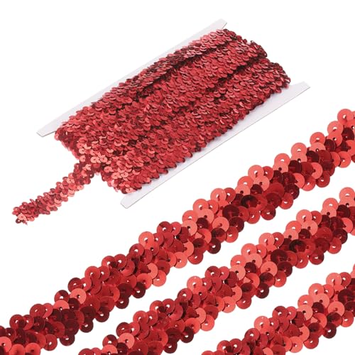 QUARKZMAN 11 Yards 0.8" Elastische Pailletten Beschnitt 2 Reihe Flache Pailletten Streifen Pailletten Stoff Farbband für Basteln Pailletten Fransen Nähen Rot von QUARKZMAN