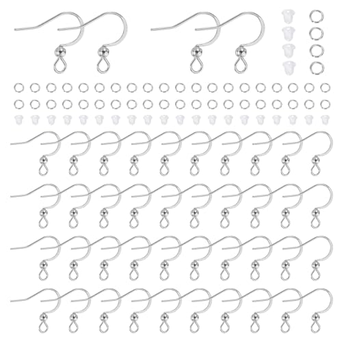 QUARKZMAN 160 Stück Edelstahl Ohrhaken, Französische Ohrhaken Kugel Dot Ohrdrähte Fischhaken mit Sprungringen und klaren Silikon Ohrstoppern für DIY Schmuckherstellung, Silber von QUARKZMAN