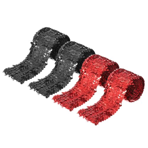 QUARKZMAN 2 Pack 2.2 Yards 3" Elastische Pailletten Beschnitt 5 Reihe Flache Pailletten Streifen Pailletten Stoff Farbband für Basteln Pailletten Fransen Nähen Rot Schwarz von QUARKZMAN