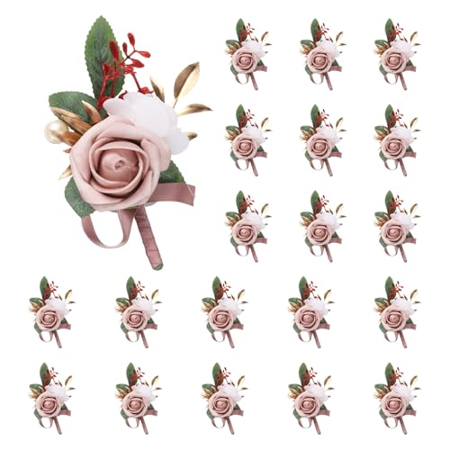 QUARKZMAN 20 Stück Grau Rosa Anstecksträuße für Männer, Künstliche Blumenstecker Taschenanstecker mit Anstecknadeln für Hochzeit Braut Bräutigam Zeremonie Jubiläum Formelle Party von QUARKZMAN