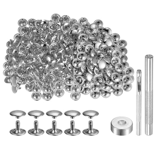 QUARKZMAN 200 Sets Leder Nieten 12mm x 10mm Metall Doppelkappe Nieten Druckknöpfe Befestigungselemente mit 3pcs Werkzeugen zum Setzen für Lederhandwerk Reparatur Dekoration, Silberton von QUARKZMAN