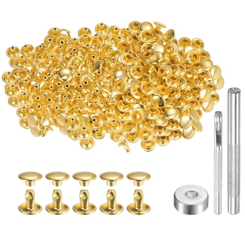 QUARKZMAN 200 Sets Leder Nieten 8mm x 6mm Metall Doppelkappe Nieten Druckknöpfe Befestigungselemente mit 3pcs Werkzeugen zum Setzen für Lederhandwerk Reparatur Dekoration, Goldfarben von QUARKZMAN