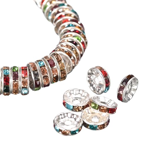 QUARKZMAN 200 Stück 10mm Rondelle Spacer Perlen, versilberte Strass Spacer Perlen, runde Spacer Lose Perlen für DIY Armband Halskette Schmuckherstellung, mehrfarbig von QUARKZMAN