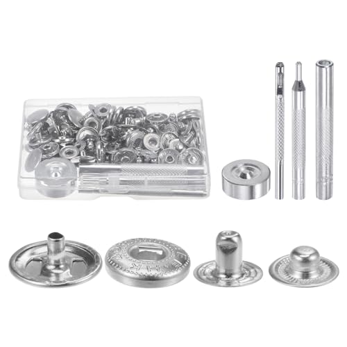 QUARKZMAN 24 Sets Druckknopf-Set 15mm Metall mit 4 Werkzeugen zum Anbringen von Druckknöpfen Leder Druckknopf-Set Druckknöpfe mit Aufbewahrungsbox für Lederhandwerk DIY Nähen, Silberton von QUARKZMAN