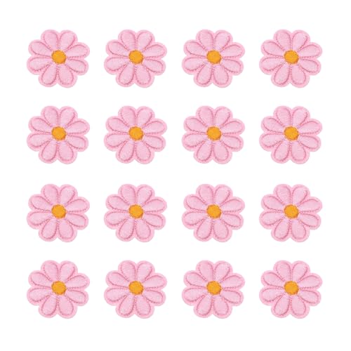 QUARKZMAN 24 Stück Blumen Bügelbilder, Rosa bestickte Nähaufnäher Hand gehäkelte Applikationen 1,65IN Blumenstickerei Aufnäher für Kleidung Nähen DIY Handwerk Hüte Schuhe Geschenkverpackung von QUARKZMAN