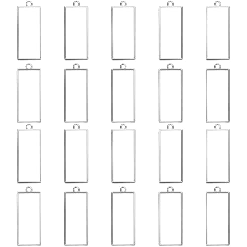 QUARKZMAN 25 Stück Legierung Offene Lünette Anhänger, Rechteckiger Hohler Rahmen Geometrischer Rückrahmen Anhänger für Harz Schmuckherstellung Ohrringe Halskette Armband DIY, Silberton von QUARKZMAN
