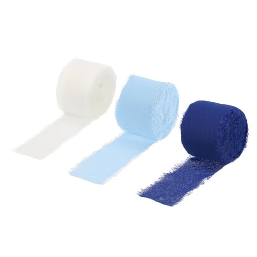 QUARKZMAN 3 Rollen Chiffonband, 1-1/2 Zoll 10 Yards Seidenband Stoffband Handgemachtes Blumenfransenband für Geschenkverpackungen Basteln Blumenstrauß, Tiefes Marineblau/Hellblau/Creme von QUARKZMAN