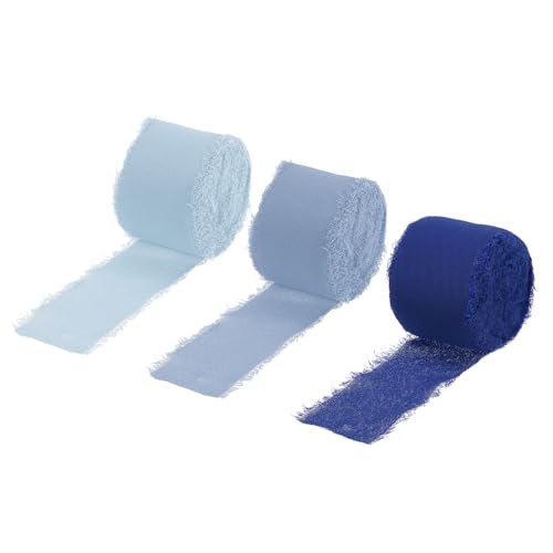 QUARKZMAN 3 Rollen Chiffonband, 2 Zoll 7 Yards Seidenband Stoffband Handgemachtes Blumenfransenband für Geschenkverpackungen Basteln Blumenstrauß, Tiefes Marineblau/Blau/Graublau von QUARKZMAN