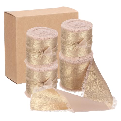 QUARKZMAN 4 Stück Chiffonband, 1 1/2"x5 Yard Seidenband, Champagner Gold Glitzer Stoffband Handgemachtes Fransenband für Blumenstrauß Geschenkverpackung DIY Basteln Hochzeit von QUARKZMAN