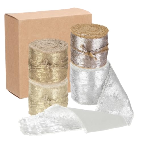 QUARKZMAN 4 Stück Chiffonband, 1 1/2"x5 Yard Seidenband, Champagner Silber Braun Creme Glitzer Stoffband Handgefertigtes Fransenband für Blumenstrauß Geschenkverpackung DIY Basteln Hochzeit von QUARKZMAN