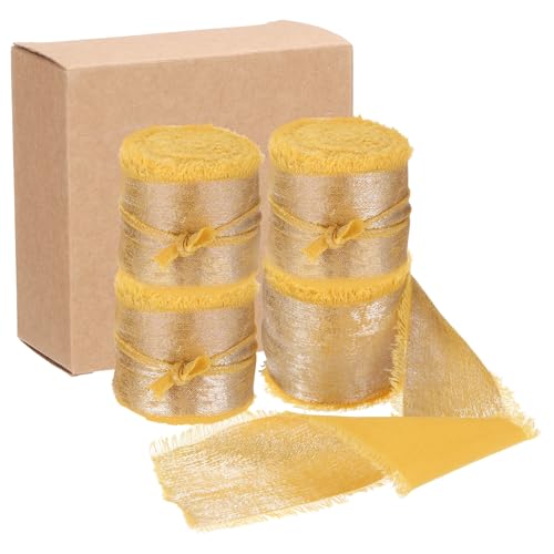 QUARKZMAN 4 Stück Chiffonband, 1 1/2"x5 Yard Seidenband, Gold Glitzer Stoffband Handgemachtes Fransenband für Blumenstrauß Geschenkverpackung DIY Basteln Hochzeit von QUARKZMAN