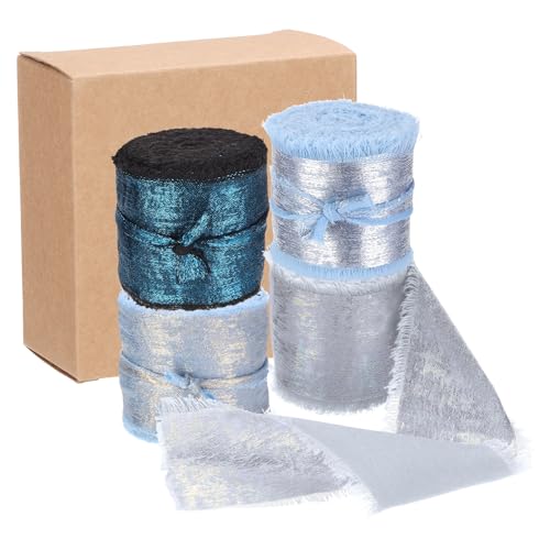 QUARKZMAN 4 Stück Chiffonband, 1 1/2"x5 Yard Seidenband, Marineblau Himmelblau Meerblau Glitzer Stoffband Handgefertigtes Fransenband für Blumenstrauß Geschenkverpackung DIY Basteln Hochzeit von QUARKZMAN