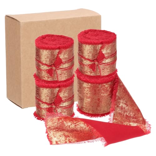 QUARKZMAN 4 Stück Chiffonband, 1 1/2"x5 Yard Seidenband, Rotes Glitzerstoffband Handgefertigtes Fransenband für Blumenstrauß Geschenkverpackung DIY Basteln Hochzeit von QUARKZMAN