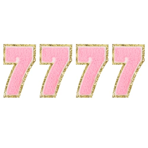 QUARKZMAN 4 Stück Glitzer Nummern-Patches 8,4 cm / 3,3" Chenille-Stickerei Zahlen zum Aufbügeln für Teamuniformen, Sport-T-Shirts, Hüte, Taschen (Pink, 7) von QUARKZMAN