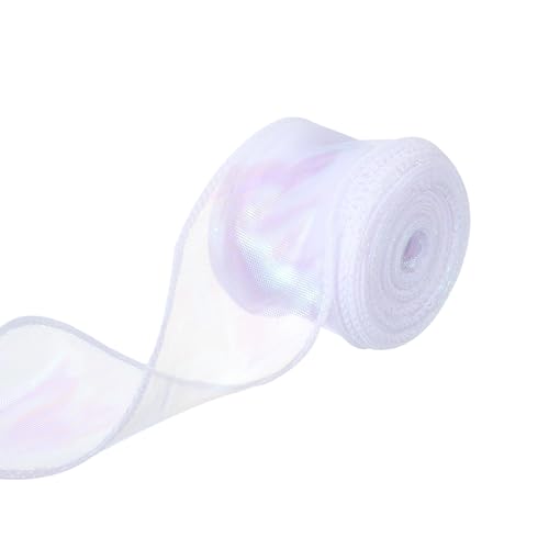 QUARKZMAN 4 cm breites glitzerndes transparentes verkabeltes Organza-Band Pastell Chiffon-Bänder 9 m Weiß zum Verpacken von Geschenken, Blumensträußen, Hochzeitstorten und Schleifen von QUARKZMAN