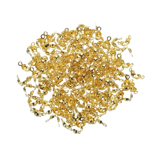 QUARKZMAN 400 Stück Endkappe Knotenabdeckung 4mm Durchmesser Muschel Metallbeschichtete offene Perlenkappen 8mm Länge Endkappen Messing für DIY Armband Schmuckherstellung, Gold von QUARKZMAN