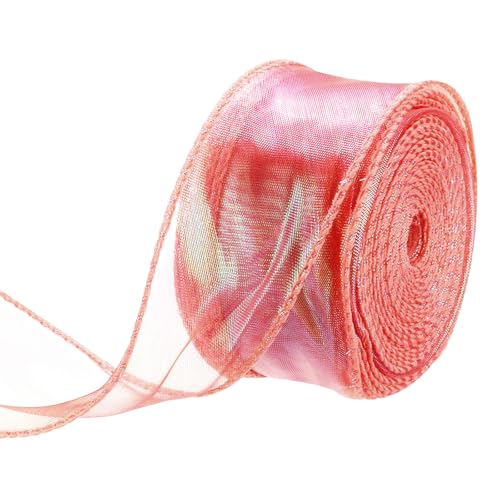 QUARKZMAN 40mm Breites Funkelndes Durchsichtiges Verdrahtetes Organza-Band Pastell Schimmerndes Irisierendes Chiffon-Band 23m Rot zum Geschenkverpacken Bouquet Hochzeitsbögen von QUARKZMAN