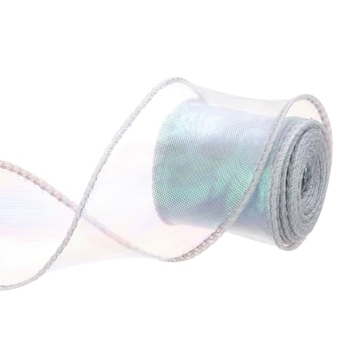 QUARKZMAN 40mm Breites Glitzerndes Durchsichtiges Verdrahtetes Organza-Band Pastell Schimmerndes Irisierendes Chiffon-Band 2,7m Silber für Geschenkverpackung, Blumensträuße von QUARKZMAN