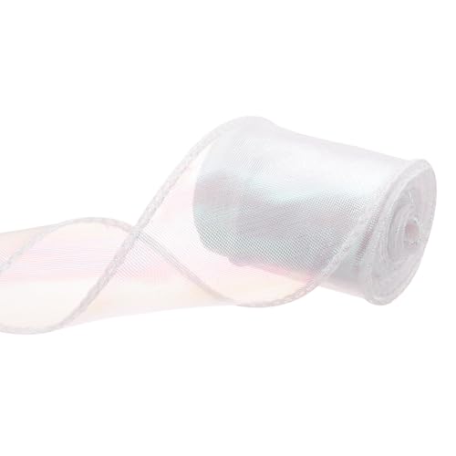 QUARKZMAN 40mm Breites Glitzerndes Durchsichtiges Verdrahtetes Organza-Band Pastell Schimmerndes Irisierendes Chiffon-Band 2,7m Weiß zum Geschenkverpacken von Sträußen Hochzeitsbögen von QUARKZMAN