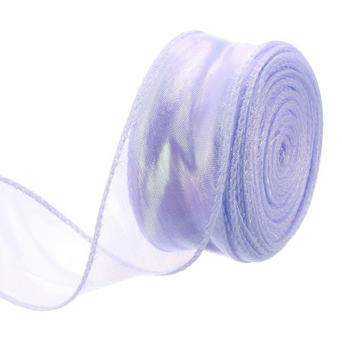 QUARKZMAN 40mm Breites Glitzerndes Durchsichtiges Verdrahtetes Organza-Band Pastell Schimmerndes Irisierendes Chiffon-Band 23m Lila zum Geschenkverpacken Bouquet Hochzeitsbögen von QUARKZMAN