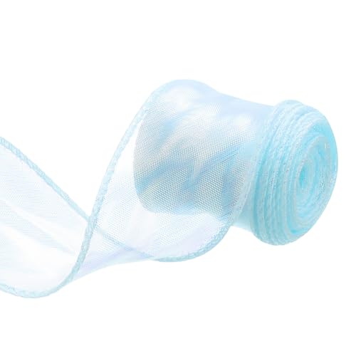 QUARKZMAN 40mm Breites Glitzerndes Durchsichtiges Verdrahtetes Organza-Band Pastell Schimmerndes Schillerndes Chiffon-Band 4,6m Hellblau für Geschenkverpackung, Blumenstrauß von QUARKZMAN