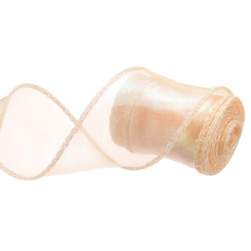 QUARKZMAN 40mm Breites Glitzerndes Sheer Verdrahtetes Organza-Band Pastell Schimmer Irisierende Chiffon-Bänder 4,6m Hellrosa zum Geschenkverpacken Bouquet Hochzeitsbögen von QUARKZMAN