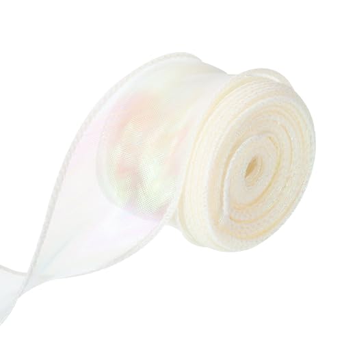 QUARKZMAN 4cm Breites Glitzerndes Durchsichtiges Verdrahtetes Organza-Band Pastell Chiffon-Bänder 9m Creme Weiß zum Geschenkverpacken, Blumensträuße, Hochzeitstorten-Schleifen von QUARKZMAN