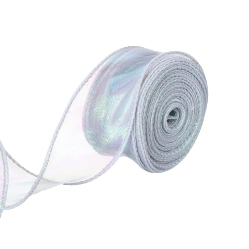 QUARKZMAN 4cm Breites Glitzerndes Durchsichtiges Verdrahtetes Organza-Band Pastell Chiffon-Bänder 9m Silber zum Geschenke Verpacken, Blumensträuße, Hochzeitstorten-Schleifen von QUARKZMAN