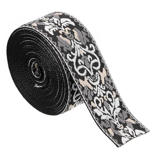 QUARKZMAN 5 Yards Baumwollgurtband, 2 Zoll (50 mm) Jacquard-Gurtband aus Polyester-Gurtband Blumenmuster-Gurtband für Geldbörse Tasche Handwerk Kleidung, Schwarz-Weiß von QUARKZMAN