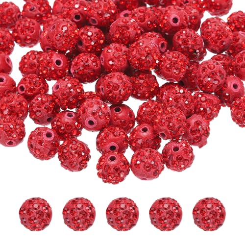 QUARKZMAN 50 Stück 10mm Strassperlen für die Schmuckherstellung, Bling Disco Perle Glitzer Diamant Tonperle für Halskette Armband Weihnachten, Rot von QUARKZMAN