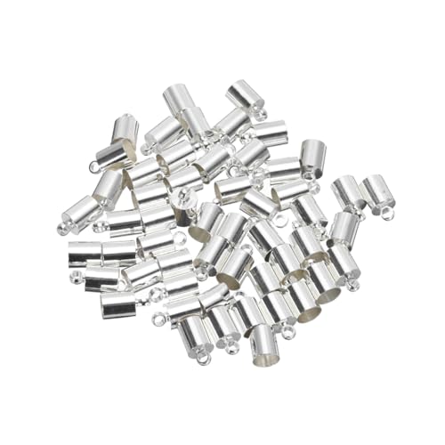 QUARKZMAN 50 Stück Kordelendkappen 10mm Endkappe Barrel Beads Kumihimo 5,5mm Durchmesser Endkappen Messing für Lederband, Quasten, Schmuckherstellung, Silber von QUARKZMAN