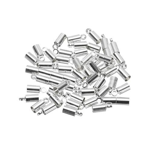 QUARKZMAN 50 Stück Kordelendkappen 9mm Endkappe Barrel Beads Kumihimo 3,5mm Durchmesser Endkappen Messing für Lederband, Quasten, Schmuckherstellung, Silber von QUARKZMAN