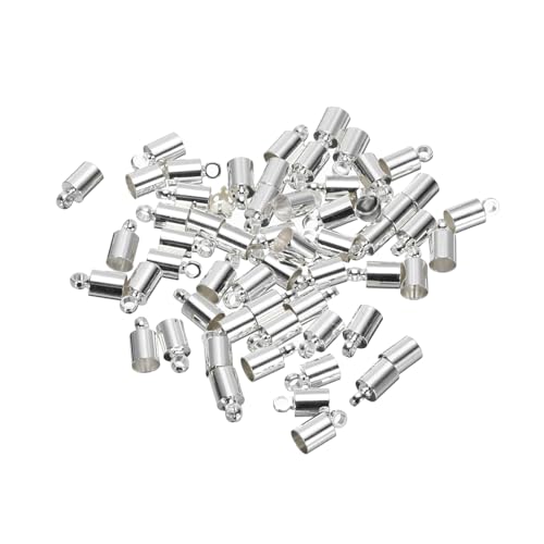 QUARKZMAN 50 Stück Kordelendkappen 9mm Endkappenfässer Kumihimo 4,5mm Durchmesser Endkappen Messing für Lederband, Quasten, Schmuckherstellung, Silber von QUARKZMAN