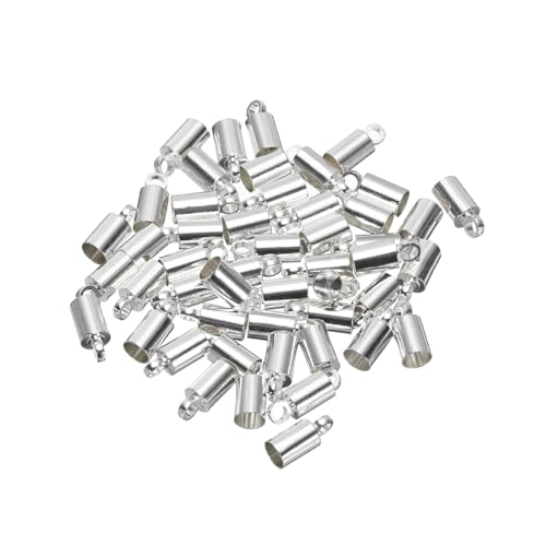 QUARKZMAN 50 Stück Kordelendkappen 9mm Endkappenfässer Kumihimo 4mm Durchmesser Endkappen Messing für Lederband, Quasten, Schmuckherstellung, Silber von QUARKZMAN