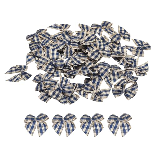 QUARKZMAN 50 Stück Mini Schleifen 25mm Karierte Stoff-Satinband Klein Weihnachtsschleifen Vintage Bogen zum Basteln DIY Haar Geschenk Nähen Hochzeit Geburtstag Deko, Marineblau Creme von QUARKZMAN