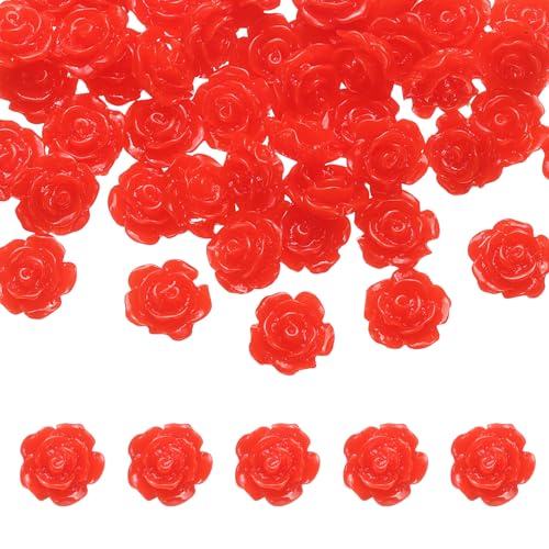 QUARKZMAN 50 Stück Rote Harz Rosenblumenperlen, 10mm Flache Blumencharme Opake Geschnitzte Rosenperlen Ohne Loch für DIY Schmuckherstellung Nägel Sonnenbrillen Schuhe Haarspange Wohnkultur von QUARKZMAN