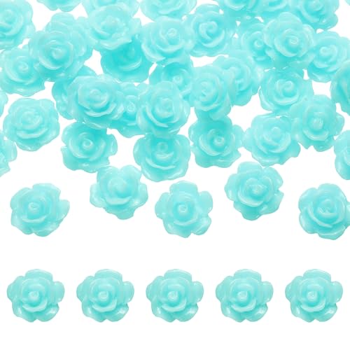 QUARKZMAN 50 Stück Seeblaue Harz Rosenblumenperlen, 10mm Flache Blumencharme Opake geschnitzte Rosenperlen ohne Loch für DIY-Schmuckherstellung Nägel Sonnenbrillen Schuh Haarspange von QUARKZMAN