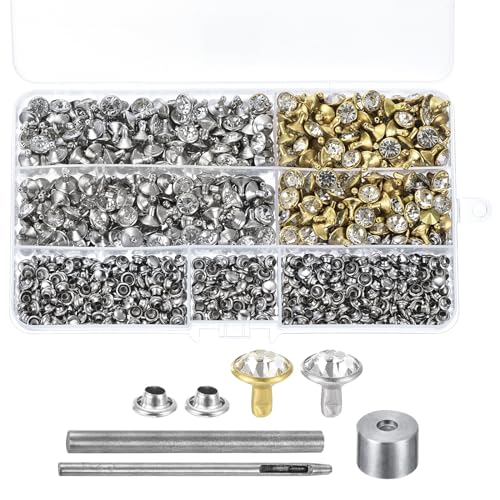 QUARKZMAN 500 Set 9mm/0.35" Gold Silber Strass Leder Handwerk Kristall Doppel Kappe Nieten Bolzen mit Werkzeug für Heimwerker Leder Handwerk Kleidung Tasche Gürtel von QUARKZMAN