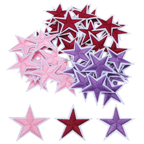 QUARKZMAN 5Star Bügeleisen auf Patches Bestickte Nähpflaster Applikationen Kleidungsverzierungen zur Reparatur 5,3x5,3cm/2,1x2,1" Packung mit 50 (Dunkelweinrot, Pink, Lila) von QUARKZMAN