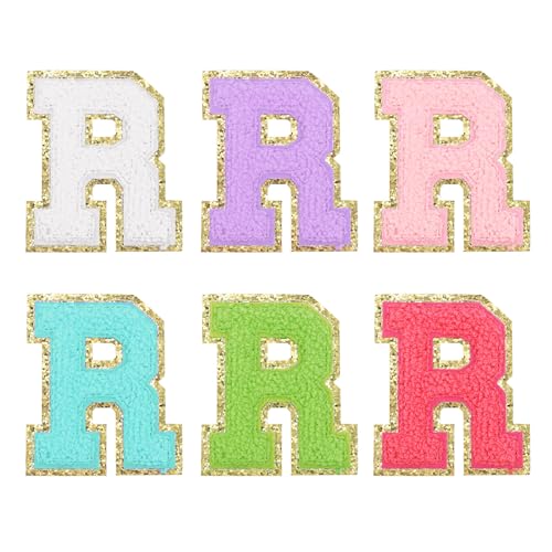 QUARKZMAN 6 Stück Selbstklebende Chenille-Buchstaben R-Patches mit Glitzer-Goldrand, gestickter Patch zum Aufbügeln für Kleidung, Tasche, Laptop, Handyhülle, Mehrfarbig QUARKZMAN 6 Stück Selbstklebende Chenille-Buchstaben R-Patches mit Glitzer-Goldrand, gestickter Patch zum Aufbügeln für Kleidung, Tasche, Laptop, Handyhülle, Mehrfarbig von QUARKZMAN